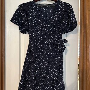 Elegant Navy Polka Dot Wrap Dress